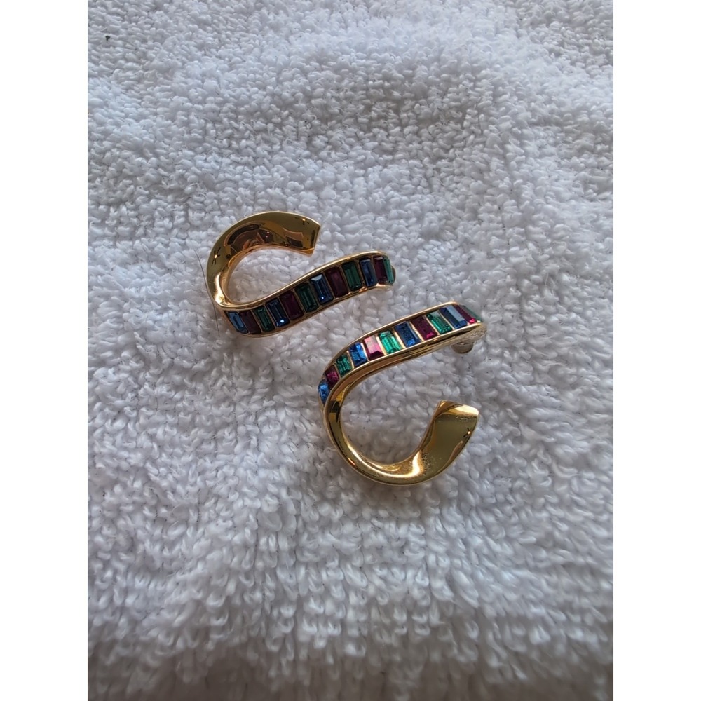 Swarovski SAL Goldβ Tone Baguette Rainbow Ribbon Crystal Twisted Hoop Earrings